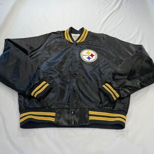 Vintage 1987 Chalk Line Pittsburgh Steelers Satin Bomber Jacket Mens Large Black